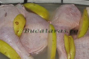 Pulpe de pui aromate, cu gutui si sos de vin