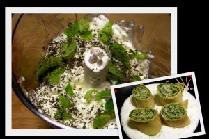 Clatite cu spanac (Crespelle di spinaci) in sos de iaurt cu menta