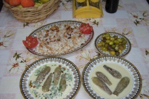 Dovlecei zucchini umpluti cu carne de vita in supa de iaurt cu garnitura de orez