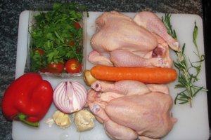 Poussin (pui mic) pe pat de supa de legume inabusite