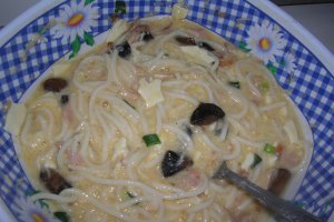 Omleta cu spaghete,pui si ciuperci