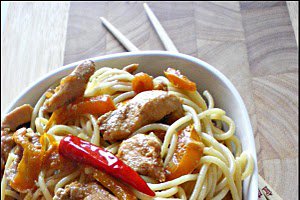 Spaghetti cu pui si ardei