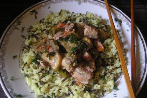 Mancare cu carne de porc,costita afumata,ghimbir si orez salbatic