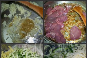 Spaghete cu castraveti si ficat de pui