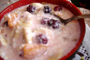 Iaurt de casa cu mure, banane si caise