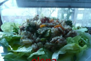 Orez cu legume pe pat de salata verde
