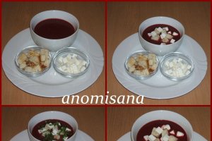 Supă de sfeclă cu roşii, crutoane şi brânză feta
