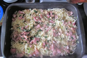 Spaghete cu bacon, ciuperci si cascaval