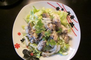 Salata verde cu sardine in ulei si ceapa alba