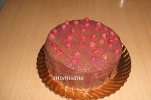 Tort cu blat ciocolatos si mousse de zmeura, acoperit cu ganash