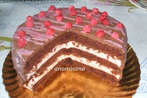 Tort cu blat ciocolatos si mousse de zmeura, acoperit cu ganash