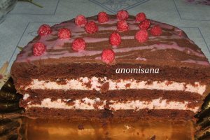 Tort cu blat ciocolatos si mousse de zmeura, acoperit cu ganash