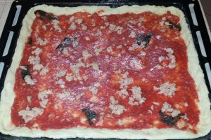 Pizza mediteraneana cu ton si ceapa rosie.