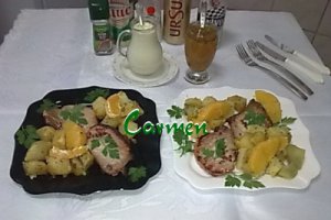 Cotlet de porc cu portocale si cartofi la cuptor.