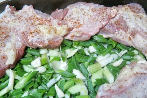 Pulpa de miel pe pat de ceapa si usturoi verde cu frunze de coriandru