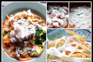 Pui cu pasta de susan si tagliatelle din morcov si dovlecel