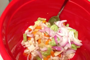 Salata de legume cu pui si branza marinata
