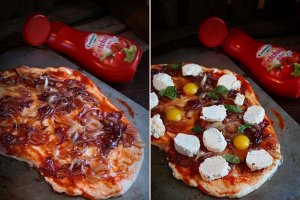 Pizza cu ceapa caramelizata, oua de prepelita si branza de capra