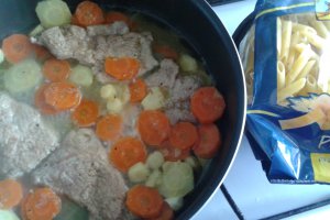 Penne cu sos de legume si carne de porc