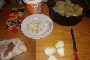 Tocanita de porc cu sos de cascaval si bulete de cartofi