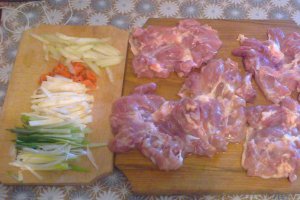 Rulouri din pulpe  de pui cu legume , branza topita si pepene galben  pe pat de cartofi