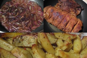 Friptura de porc si cartofi la cuptor, cu sos de ceapa caramelizata