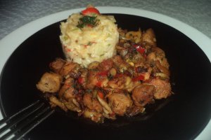 Pilaf de orez cu soia si ciuperci la tigaie
