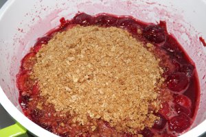 Crumble cu fructe de sezon, biscuiti si fulgi de migdale