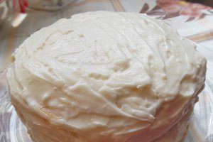Tort cu crema de vanilie, visine si piersici