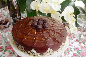Tort cu ciocolata, gem de caise si fulgi de migdale