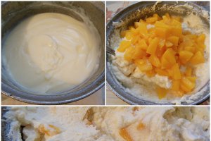 Prajitura cu crema de vanilie, branza si piersici