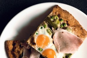 Pizza cu sos Bechamel, sparanghel, oua de prepelita si Coppa