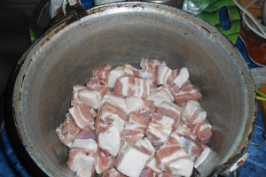 Piept de porc cu usturoi verde si rosii, la tuci