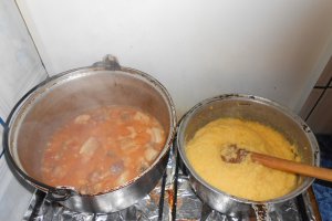 Piept de porc cu usturoi verde si rosii, la tuci