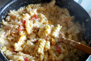 Fusilli cu pui, legume si branza de burduf, in lapte