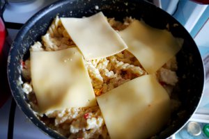 Fusilli cu pui, legume si branza de burduf, in lapte