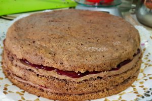 Desert tort cu crema de ciocolata si jeleu de fructe de padure