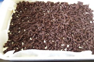 Desert prajitura razuita cu blat de cacao si umplutura de mere si branza