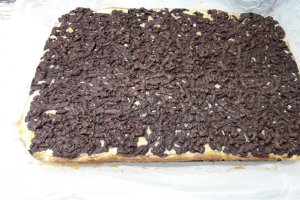 Desert prajitura razuita cu blat de cacao si umplutura de mere si branza