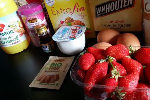 Desert prajitura cu iaurt, cacao si capsuni