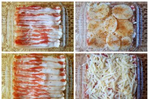 Aperitiv cartofi in straturi cu bacon si cascaval