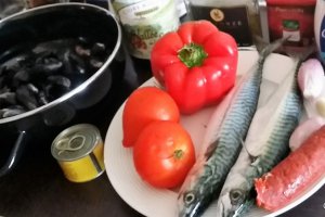 Macrou proaspat cu scoici, chorizo si rosii
