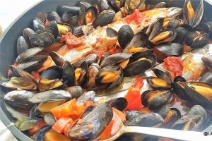 Macrou proaspat cu scoici, chorizo si rosii