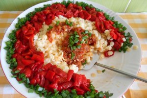 Paste cu ardei copti, sos picant si ceapa verde