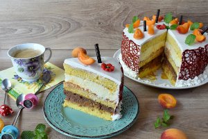 Desert tort cu caise, crema de ciocolata si mascarpone