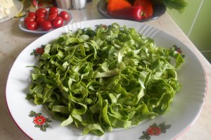 Salata cu tofu, ardei mini, ceapa verde si rosii cherry