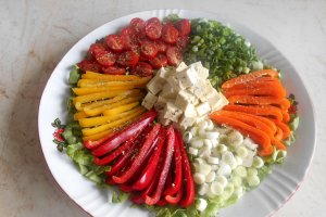Salata cu tofu, ardei mini, ceapa verde si rosii cherry