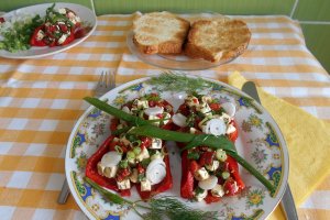 Salata de ardei capia copti, cu telemea si ceapa verde