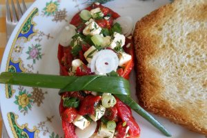 Salata de ardei capia copti, cu telemea si ceapa verde