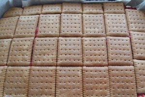 Desert prajitura cu zmeura, crema de vanilie si biscuiti